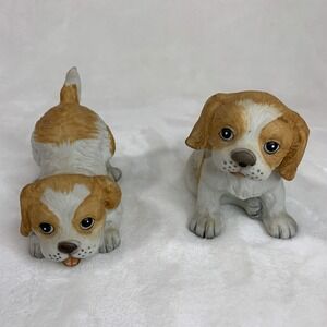 2 Vintage Homco No. 1407 Porcelain Puppy Dog Figurines Tan and White